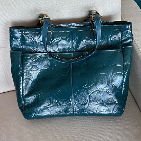 Coach Teal Blue Embossed C logo Tote with side pockets Y2K 2012 NWOT - Picture 14 of 16